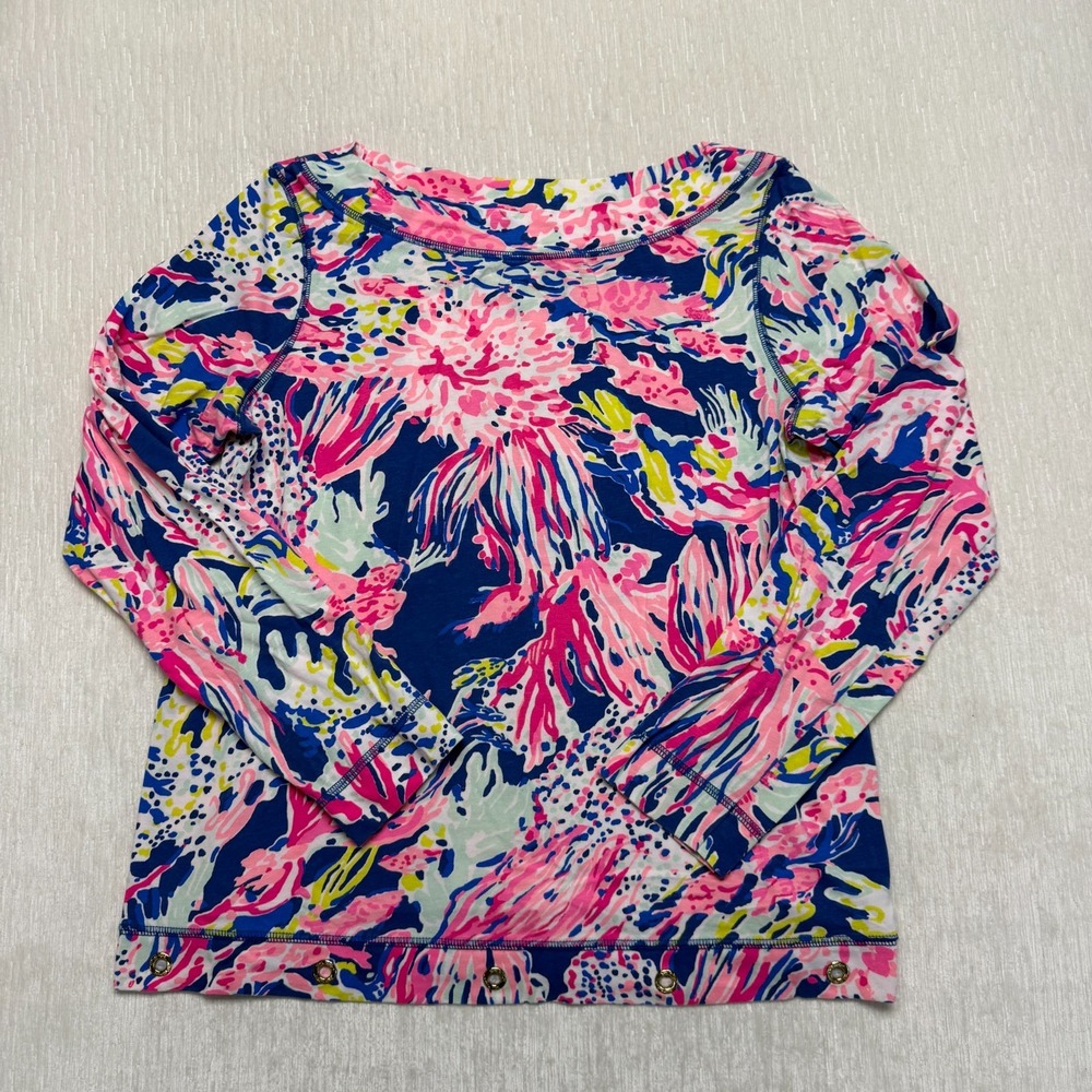 Lilly Pulitzer Sunken Treasure Jojo Top Womens Large Pink Floral Long Sleeve Fun